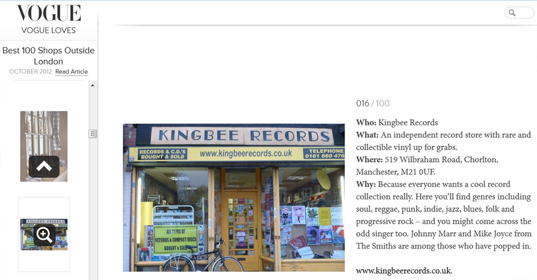 Vogue Best 100 shops outside London - Kingbee Records